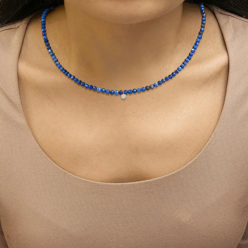 Sterling silver lapis bead and diamond accent 16 inch station necklace bijoux-nyc direct