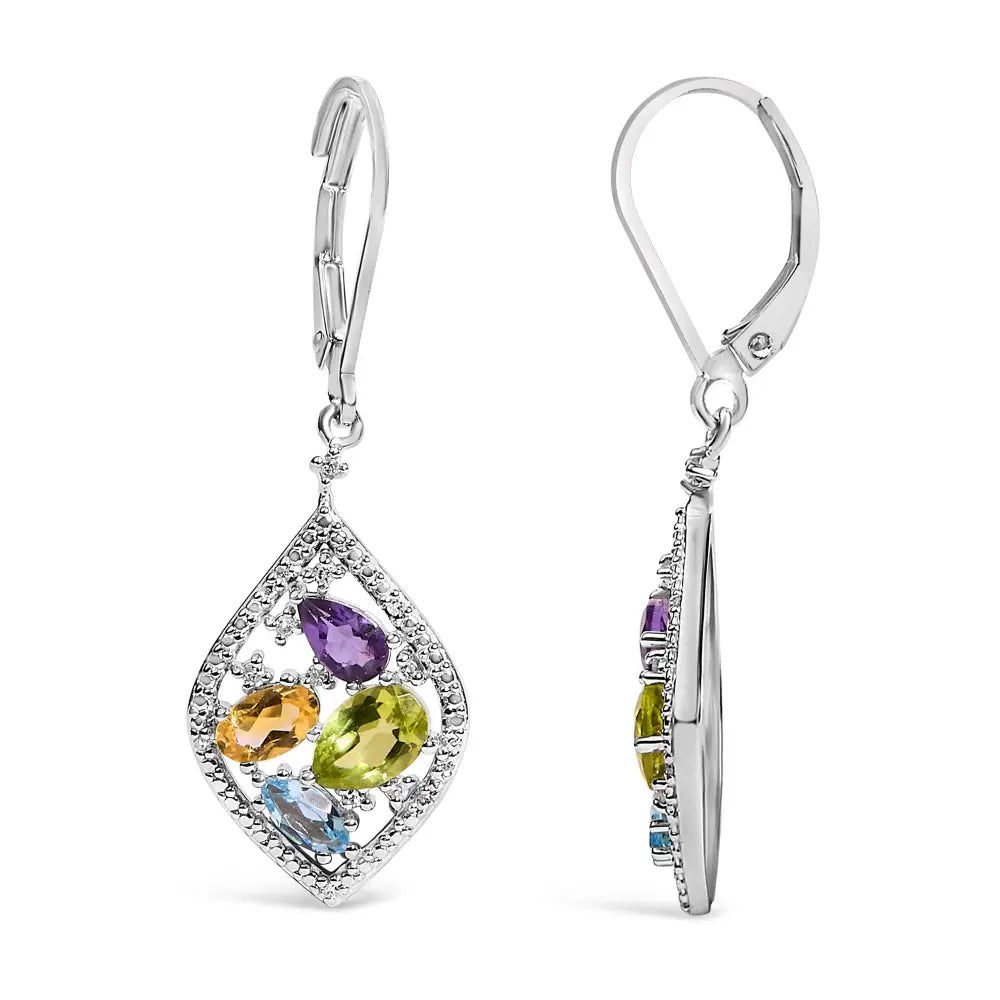 Sterling silver multi gemstone and diamond accent rhombus drop earrings bijoux-nyc direct