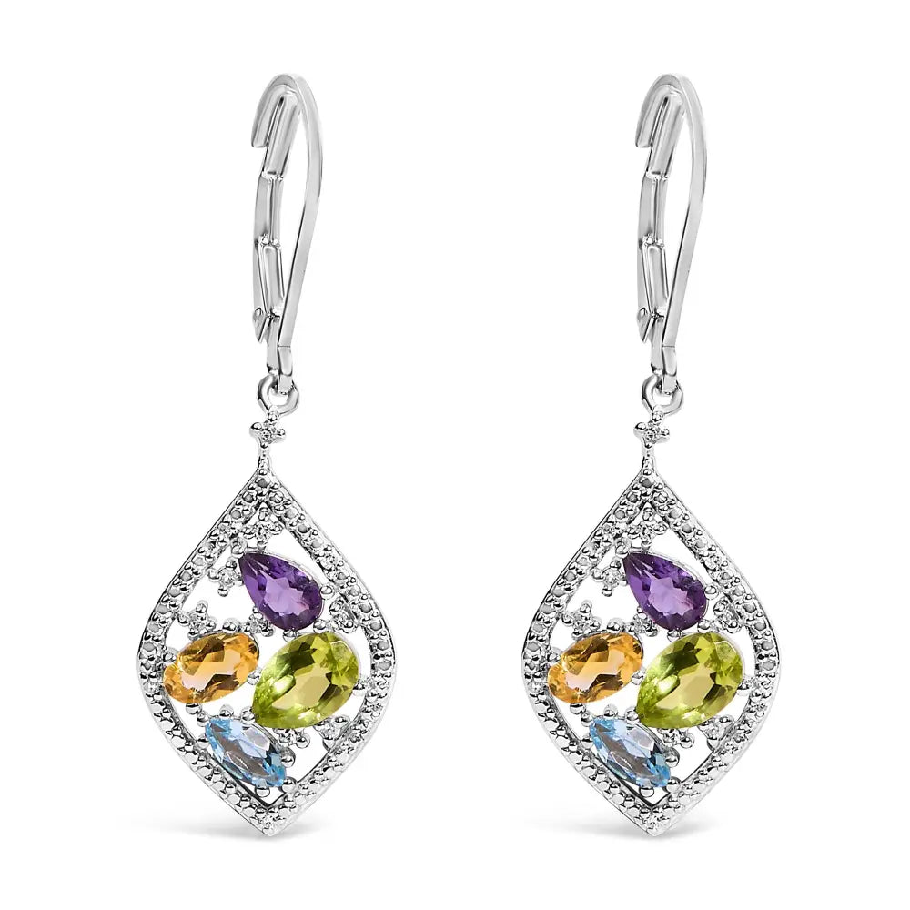 Sterling silver multi gemstone and diamond accent rhombus drop earrings bijoux-nyc direct