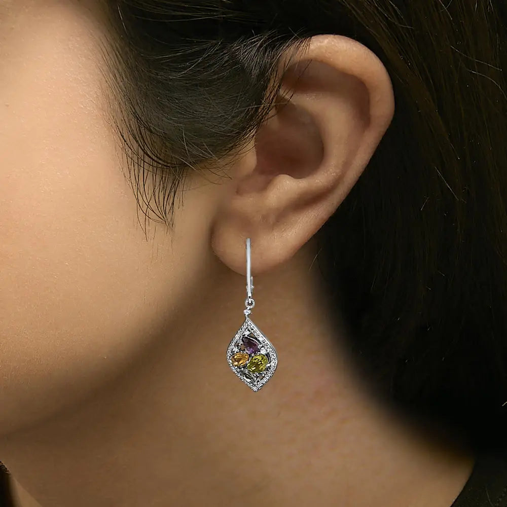 Sterling silver multi gemstone and diamond accent rhombus drop earrings bijoux-nyc direct