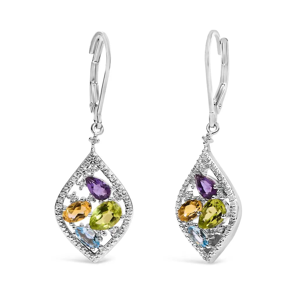 Sterling silver multi gemstone and diamond accent rhombus drop earrings bijoux-nyc direct