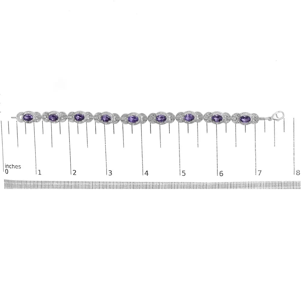 Sterling silver oval amethyst and diamond interlocking halo link bracelet bijoux-nyc direct