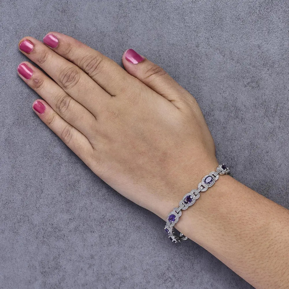 Sterling silver oval amethyst and diamond interlocking halo link bracelet bijoux-nyc direct