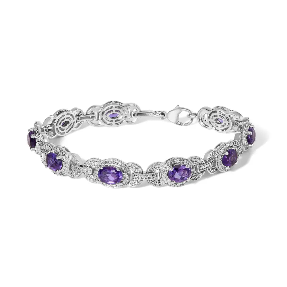 Sterling silver oval amethyst and diamond interlocking halo link bracelet bijoux-nyc direct