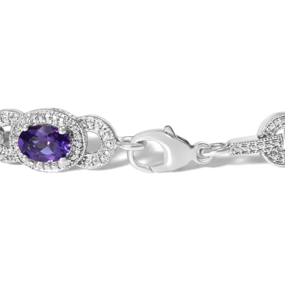 Sterling silver oval amethyst and diamond interlocking halo link bracelet bijoux-nyc direct