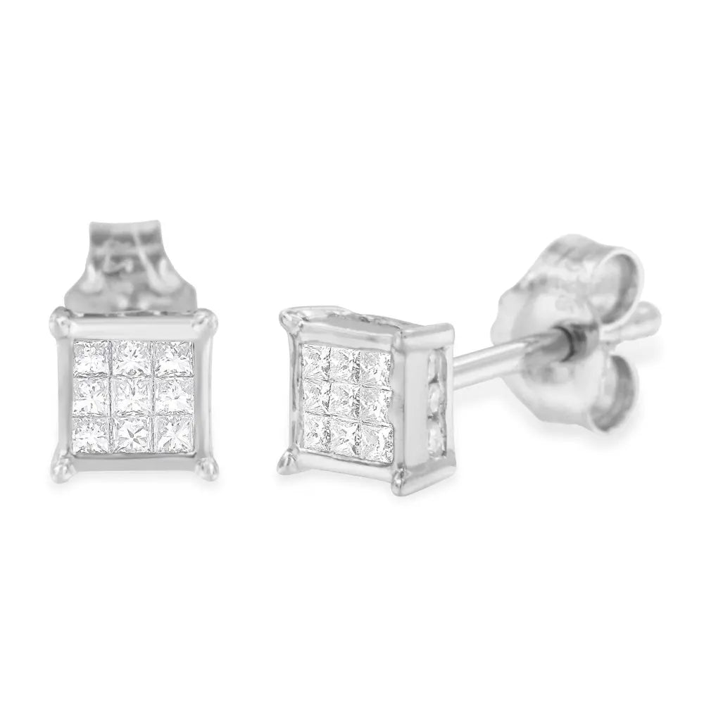 Sterling Silver Princess Cut Diamond Square Stud Earrings (.3 cttw, H-I Color, I1-I2 Clarity) - Bijoux-NYC Direct