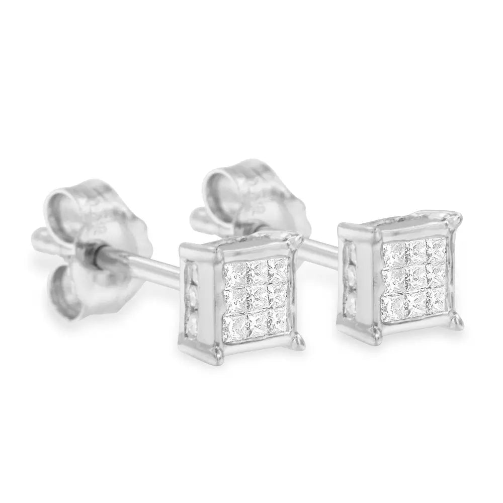 Sterling Silver Princess Cut Diamond Square Stud Earrings (.3 cttw, H-I Color, I1-I2 Clarity) - Bijoux-NYC Direct