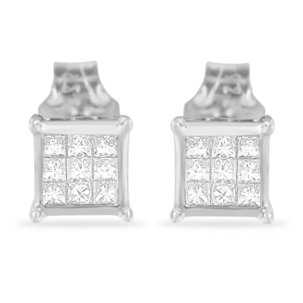 Sterling Silver Princess Cut Diamond Square Stud Earrings (.3 cttw, H-I Color, I1-I2 Clarity) - Bijoux-NYC Direct