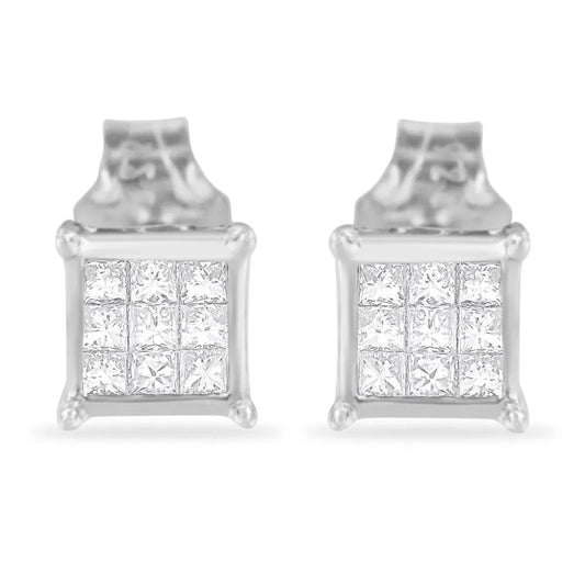 Sterling Silver Princess Cut Diamond Square Stud Earrings (.3 cttw, H-I Color, I1-I2 Clarity) - Bijoux-NYC Direct