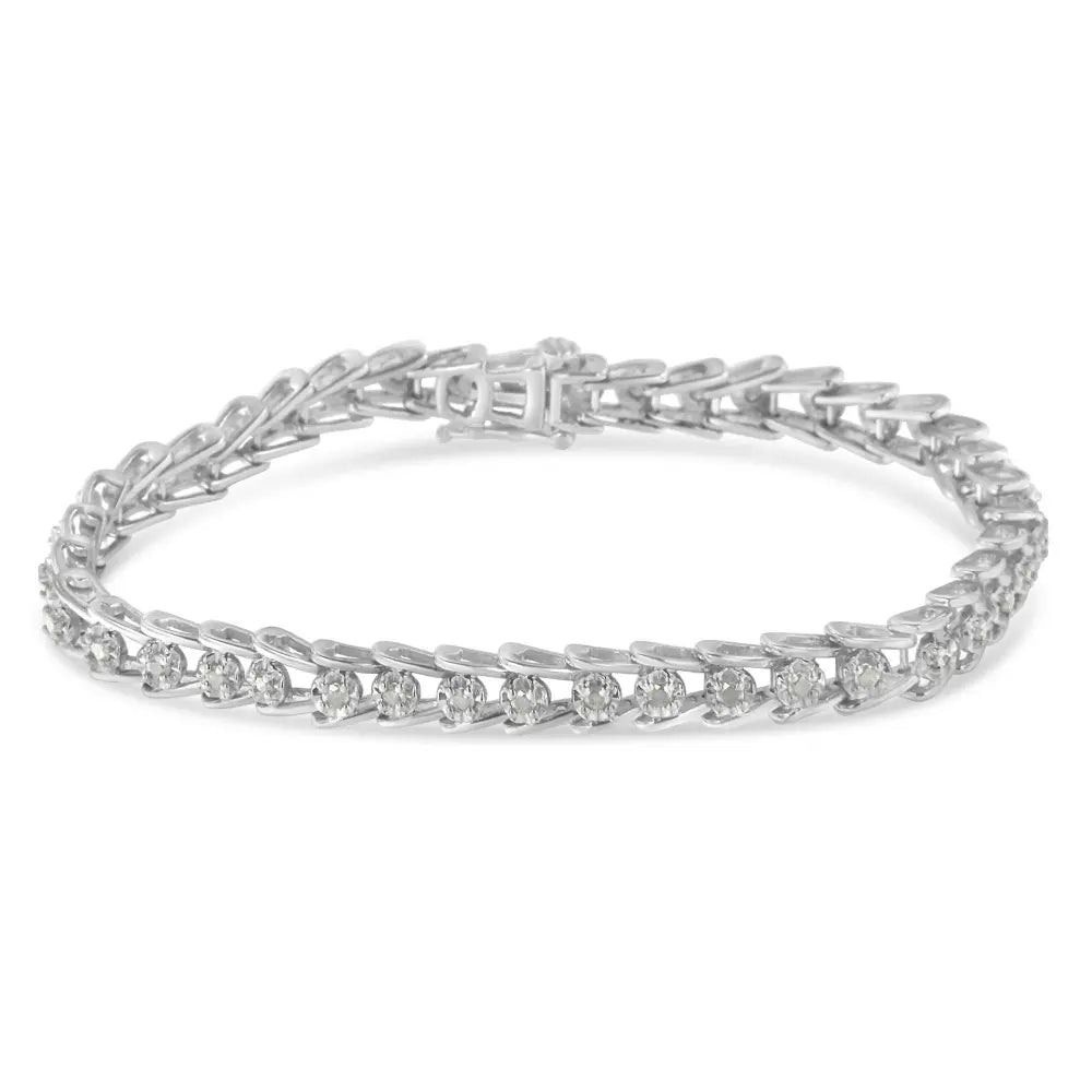Sterling Silver Rose-cut Diamond Wave link Bracelet (1 cttw, I-J Color, I3 Clarity) - Bijoux-NYC Direct