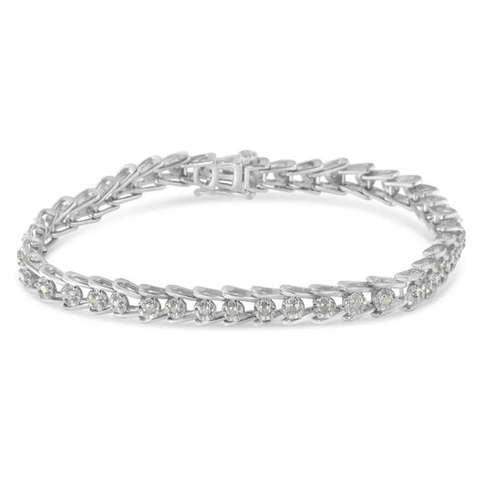 Sterling Silver Rose-cut Diamond Wave link Bracelet (1 cttw, I-J Color, I3 Clarity) - Bijoux-NYC Direct