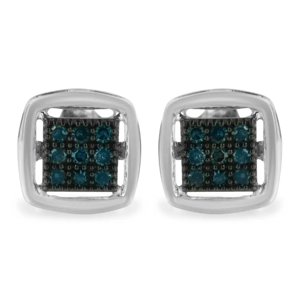 Sterling Silver Rose Cut Treated Blue Diamond Square Stud Earring (0.25 cttw, Blue Color, I2-I3 Clarity) - Bijoux-NYC Direct