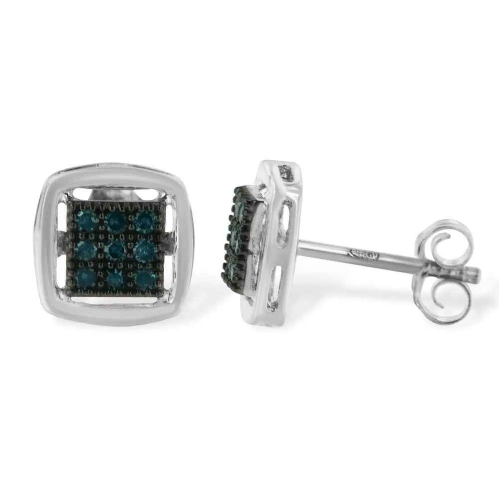Sterling silver 0.25 cttw blue diamond square cushion stud earrings bijoux-nyc direct