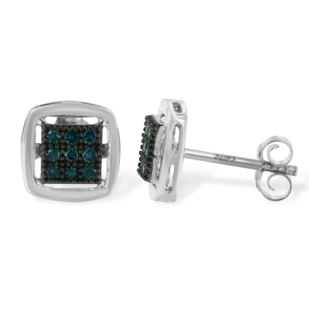 Sterling Silver Rose Cut Treated Blue Diamond Square Stud Earring (0.25 cttw, Blue Color, I2-I3 Clarity) - Bijoux-NYC Direct