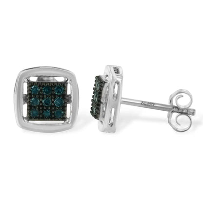Sterling Silver Rose Cut Treated Blue Diamond Square Stud Earring (0.25 cttw, Blue Color, I2-I3 Clarity) - Bijoux-NYC Direct
