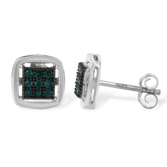 Sterling Silver Rose Cut Treated Blue Diamond Square Stud Earring (0.25 cttw, Blue Color, I2-I3 Clarity) - Bijoux-NYC Direct