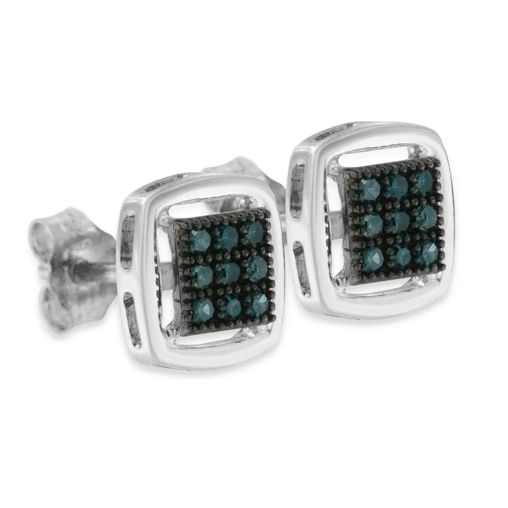 Sterling Silver Rose Cut Treated Blue Diamond Square Stud Earring (0.25 cttw, Blue Color, I2-I3 Clarity) - Bijoux-NYC Direct