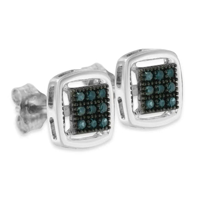 Sterling Silver Rose Cut Treated Blue Diamond Square Stud Earring (0.25 cttw, Blue Color, I2-I3 Clarity) - Bijoux-NYC Direct