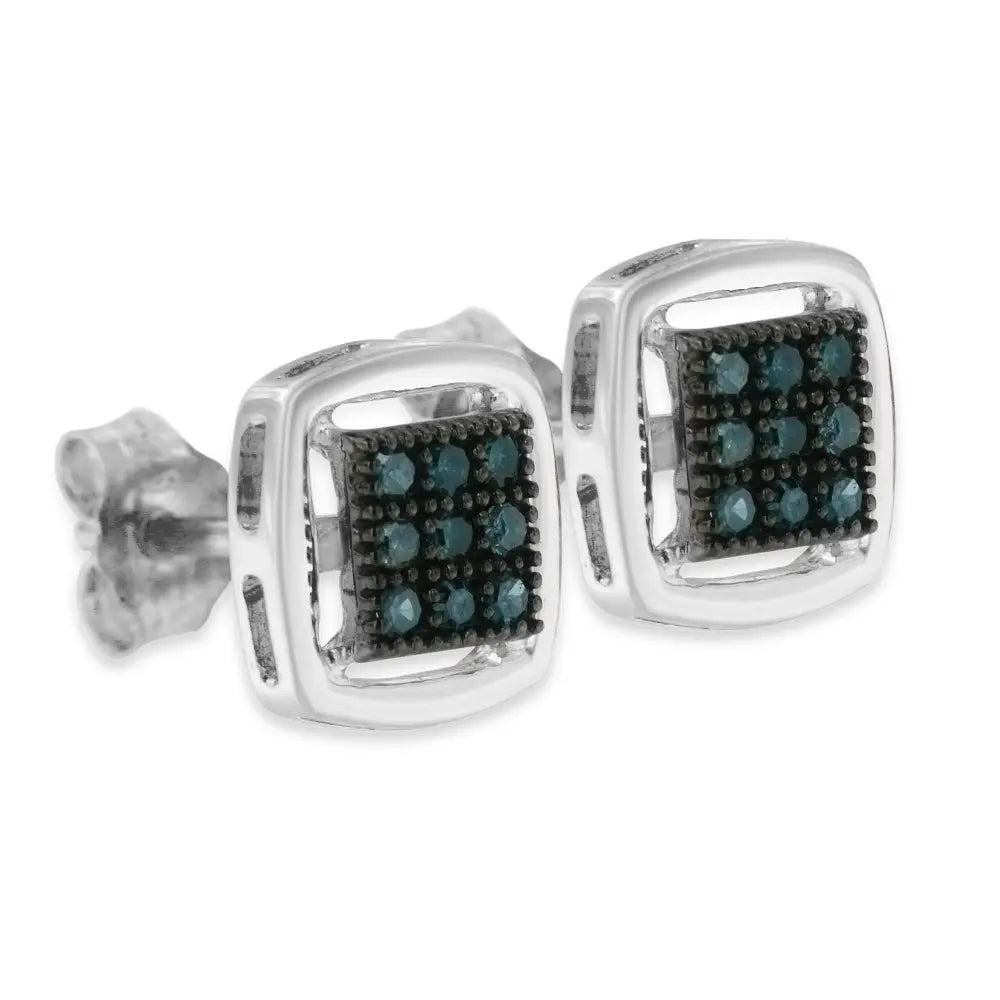 Sterling silver 0.25 cttw blue diamond square cushion stud earrings bijoux-nyc direct