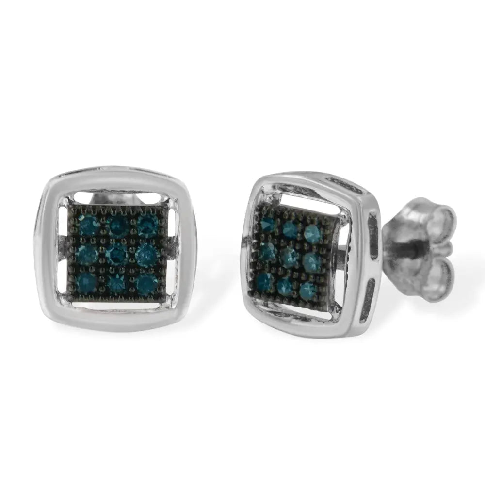 Sterling Silver Rose Cut Treated Blue Diamond Square Stud Earring (0.25 cttw, Blue Color, I2-I3 Clarity) - Bijoux-NYC Direct