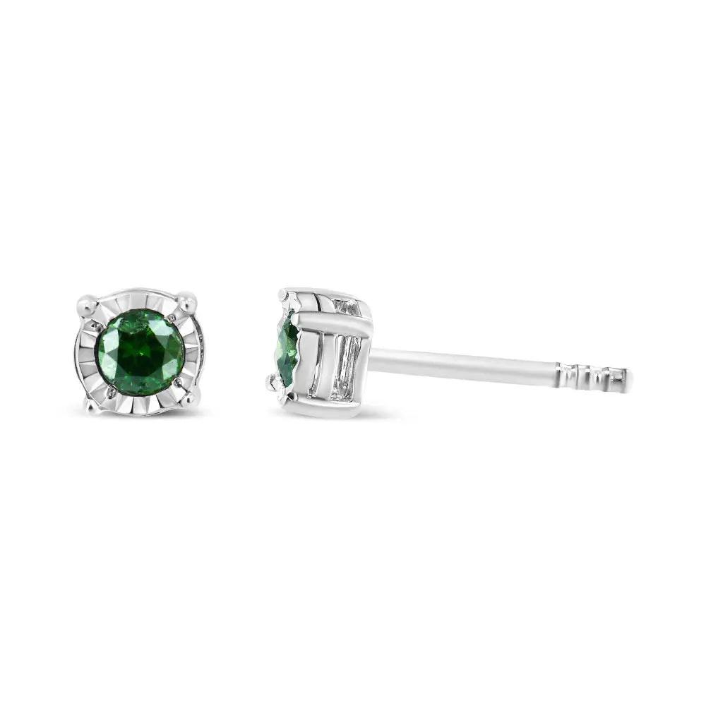 Sterling Silver Rose Cut Treated Green Diamond Solitaire Stud Earrings (0.25 cttw, Green Color, I2-I3 Clarity) - Bijoux-NYC Direct
