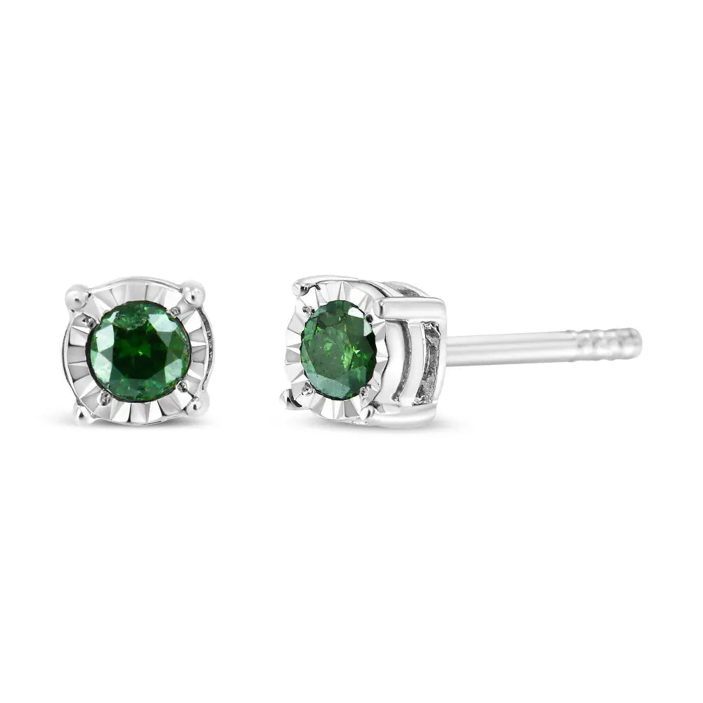 Sterling Silver Rose Cut Treated Green Diamond Solitaire Stud Earrings (0.25 cttw, Green Color, I2-I3 Clarity) - Bijoux-NYC Direct