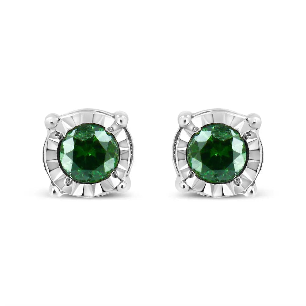 Sterling Silver Rose Cut Treated Green Diamond Solitaire Stud Earrings (0.25 cttw, Green Color, I2-I3 Clarity) - Bijoux-NYC Direct
