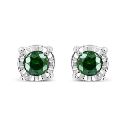 Sterling Silver Rose Cut Treated Green Diamond Solitaire Stud Earrings (0.25 cttw, Green Color, I2-I3 Clarity) - Bijoux-NYC Direct