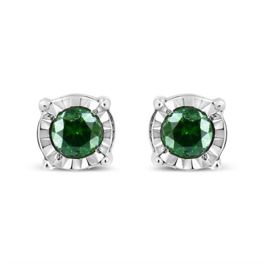 Sterling Silver Rose Cut Treated Green Diamond Solitaire Stud Earrings (0.25 cttw, Green Color, I2-I3 Clarity) - Bijoux-NYC Direct