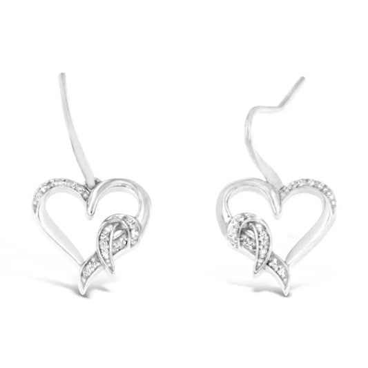 Sterling Silver Round Cut Diamond Heart Dangle Earrings (0.09 cttw, H-I Color, I1-I2 Clarity) - Bijoux-NYC Direct