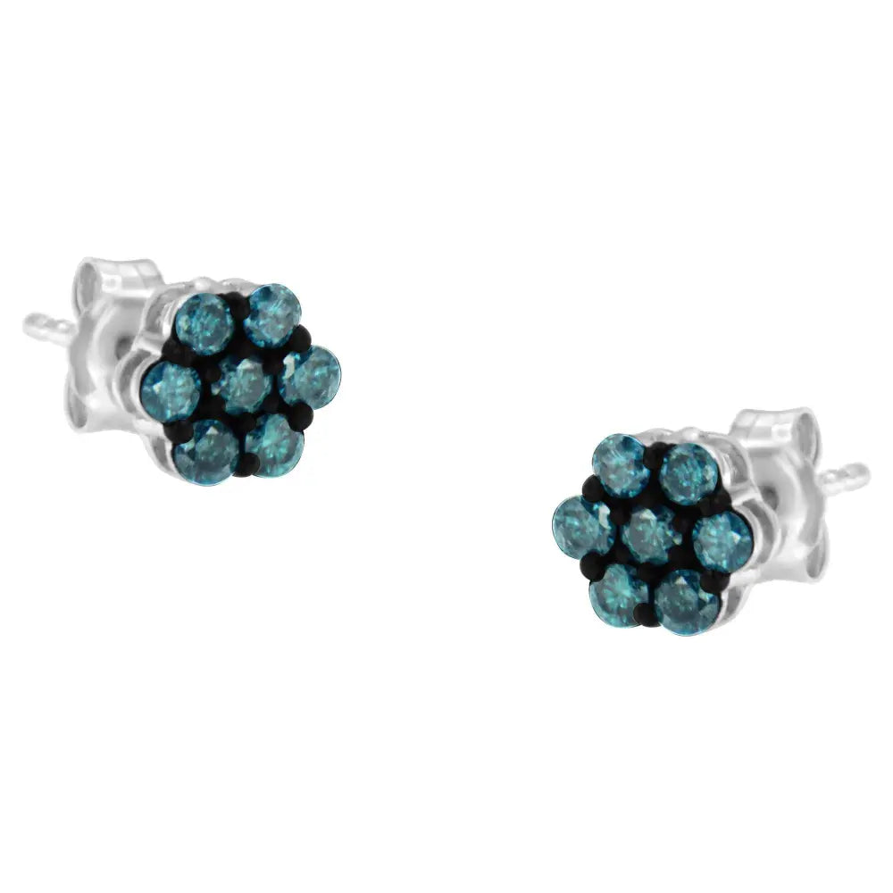 Sterling Silver Treated Blue Diamond Floral Stud Earrings (0.5 cttw, Blue Color, I2-I3 Clarity) - Bijoux-NYC Direct