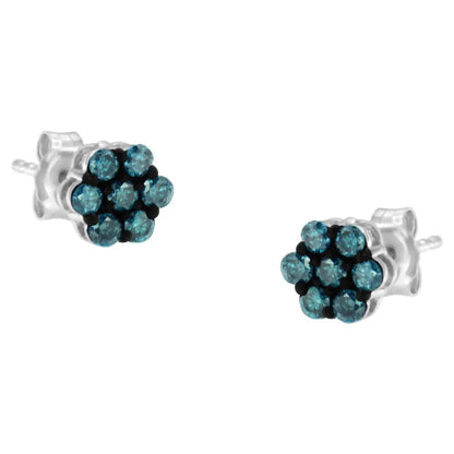 Sterling Silver Treated Blue Diamond Floral Stud Earrings (0.5 cttw, Blue Color, I2-I3 Clarity) - Bijoux-NYC Direct