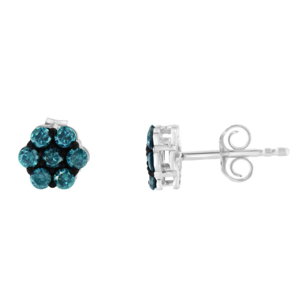 Sterling Silver Treated Blue Diamond Floral Stud Earrings (0.5 cttw, Blue Color, I2-I3 Clarity) - Bijoux-NYC Direct