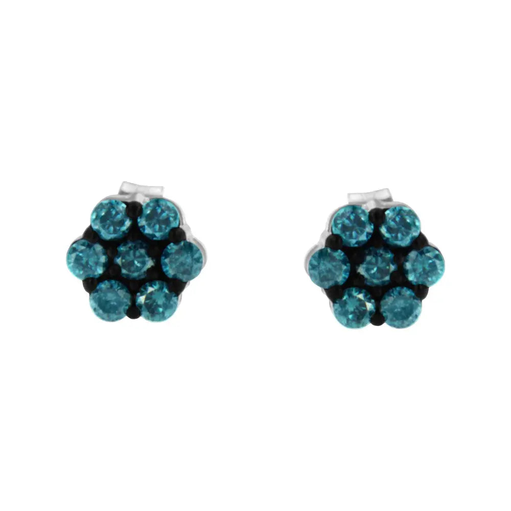 Sterling Silver Treated Blue Diamond Floral Stud Earrings (0.5 cttw, Blue Color, I2-I3 Clarity) - Bijoux-NYC Direct