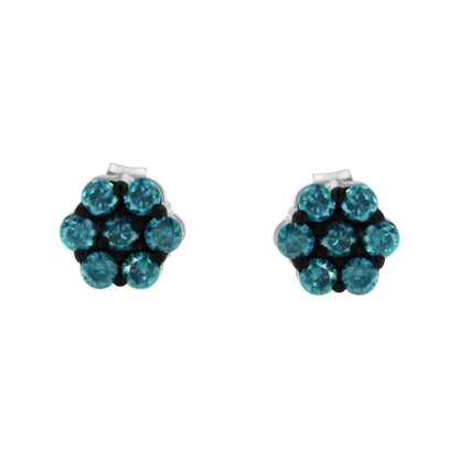 Sterling Silver Treated Blue Diamond Floral Stud Earrings (0.5 cttw, Blue Color, I2-I3 Clarity) - Bijoux-NYC Direct