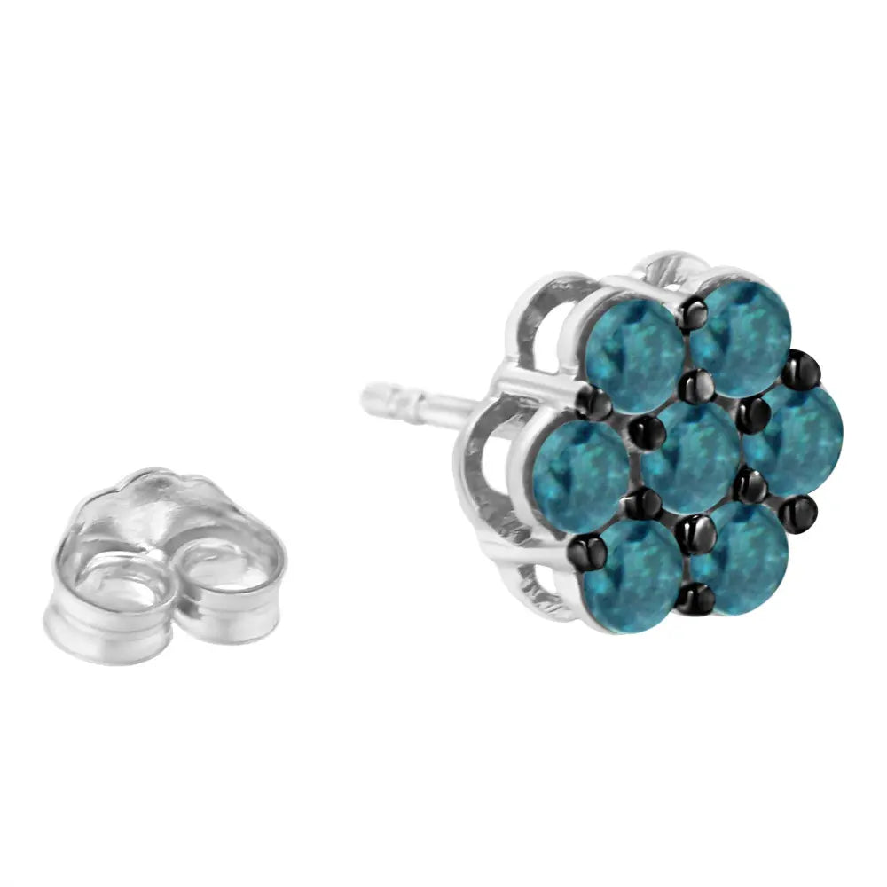 Sterling Silver Treated Blue Diamond Floral Stud Earrings (1 cttw, Blue Color, I2-I3 Clarity) - Bijoux-NYC Direct