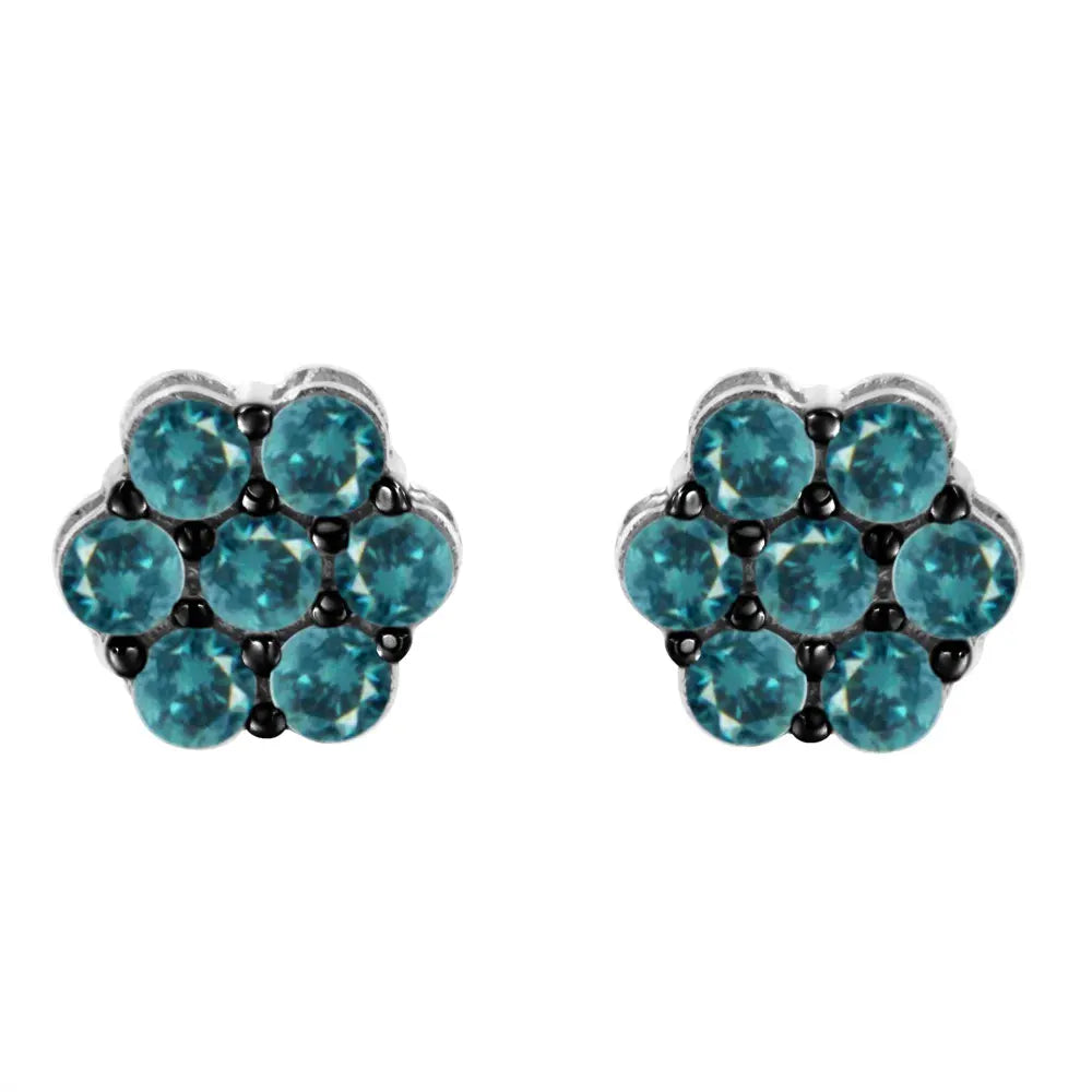 Sterling Silver Treated Blue Diamond Floral Stud Earrings (1 cttw, Blue Color, I2-I3 Clarity) - Bijoux-NYC Direct