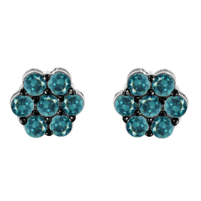 Sterling Silver Treated Blue Diamond Floral Stud Earrings (1 cttw, Blue Color, I2-I3 Clarity) - Bijoux-NYC Direct