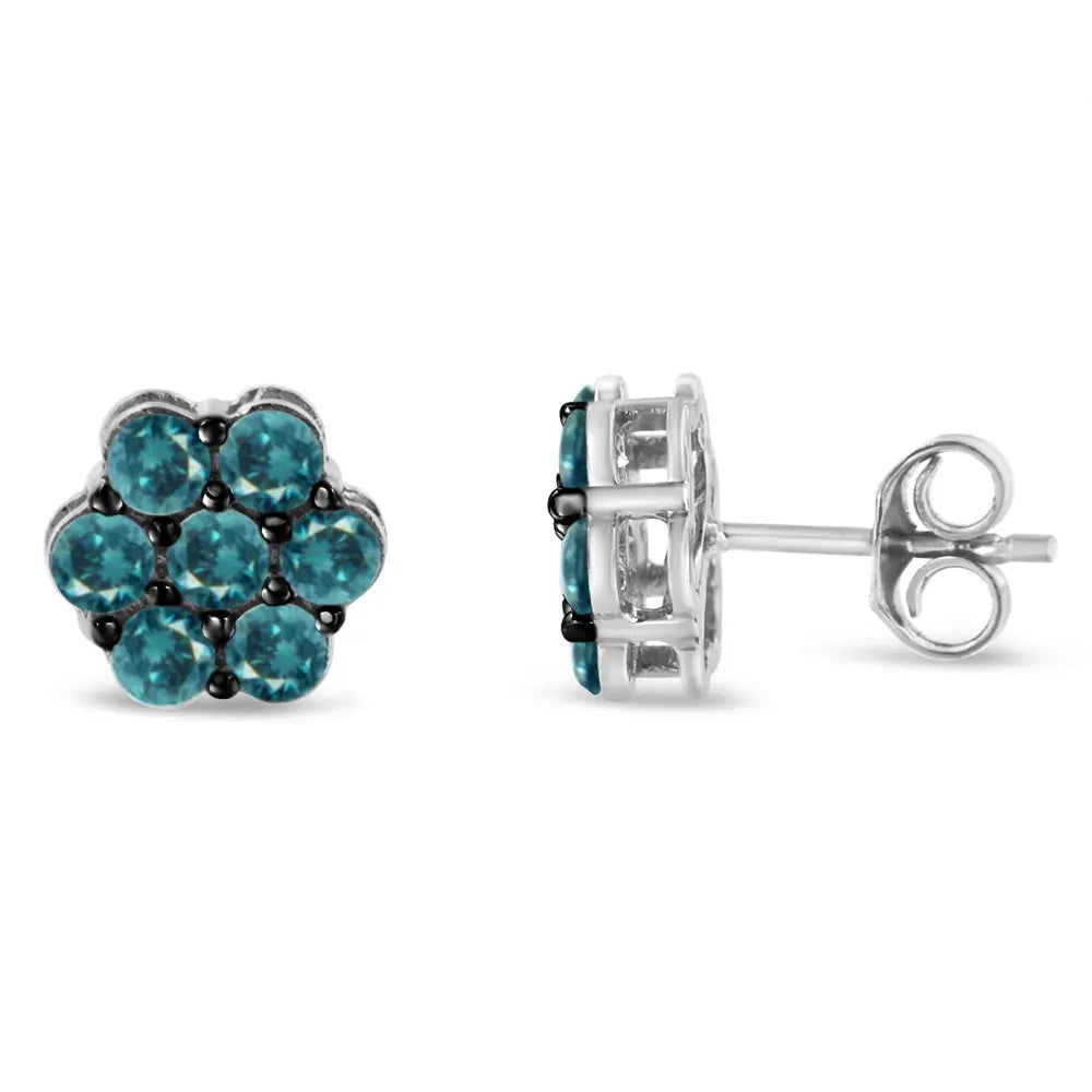 Sterling Silver Treated Blue Diamond Floral Stud Earrings (1 cttw, Blue Color, I2-I3 Clarity) - Bijoux-NYC Direct