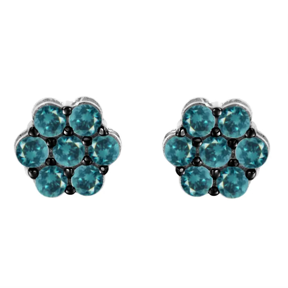 Sterling silver 1 cttw blue rose cut diamond floral stud earrings bijoux-nyc direct