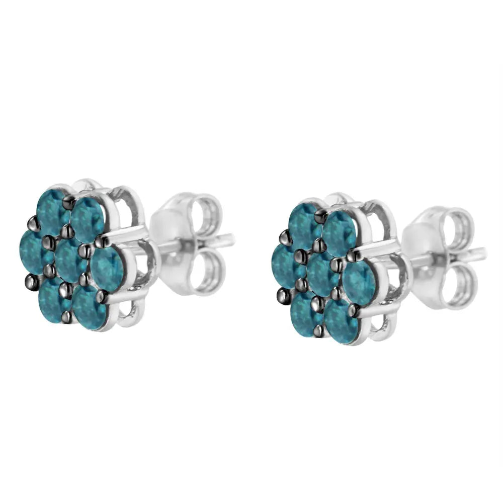 Sterling Silver Treated Blue Diamond Floral Stud Earrings (1 cttw, Blue Color, I2-I3 Clarity) - Bijoux-NYC Direct