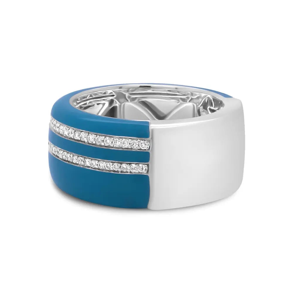 Sterling silver turquoise enamel 5/8 cttw diamond wide statement ring bijoux-nyc direct