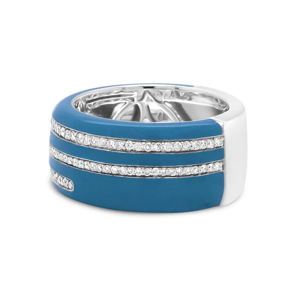 Sterling silver turquoise enamel 5/8 cttw diamond wide statement ring bijoux-nyc direct