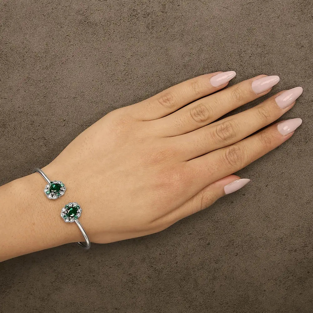 Sterling silver white topaz and emerald floral bangle bracelet bijoux-nyc direct