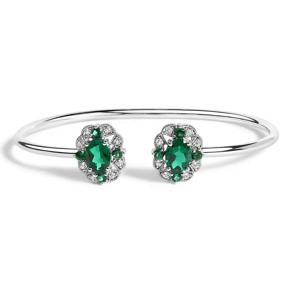 Sterling silver white topaz and emerald floral bangle bracelet bijoux-nyc direct