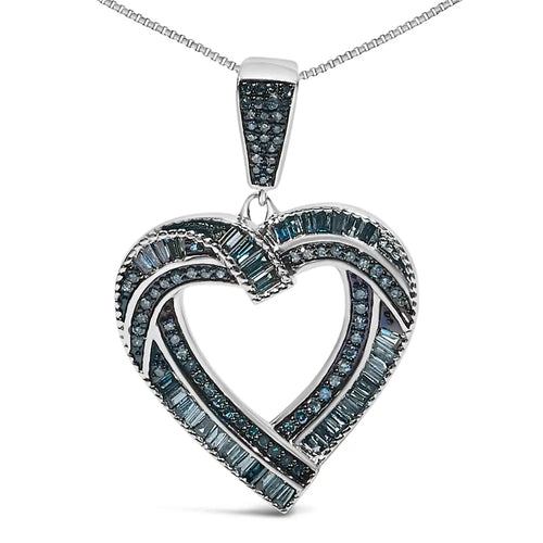1 carat blue diamond open heart sterling silver pendant necklace bijoux-nyc direct