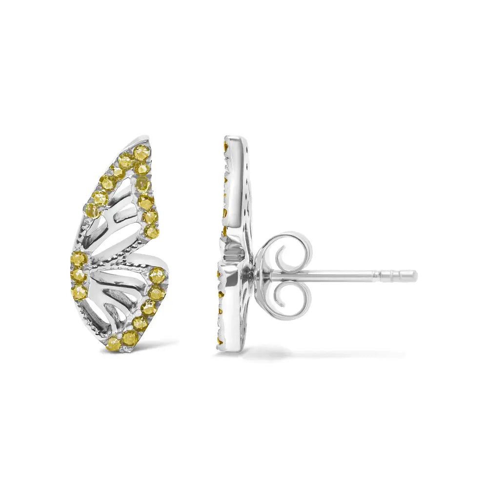 Treated yellow diamond butterfly stud earrings in sterling silver 1/6 cttw bijoux-nyc direct