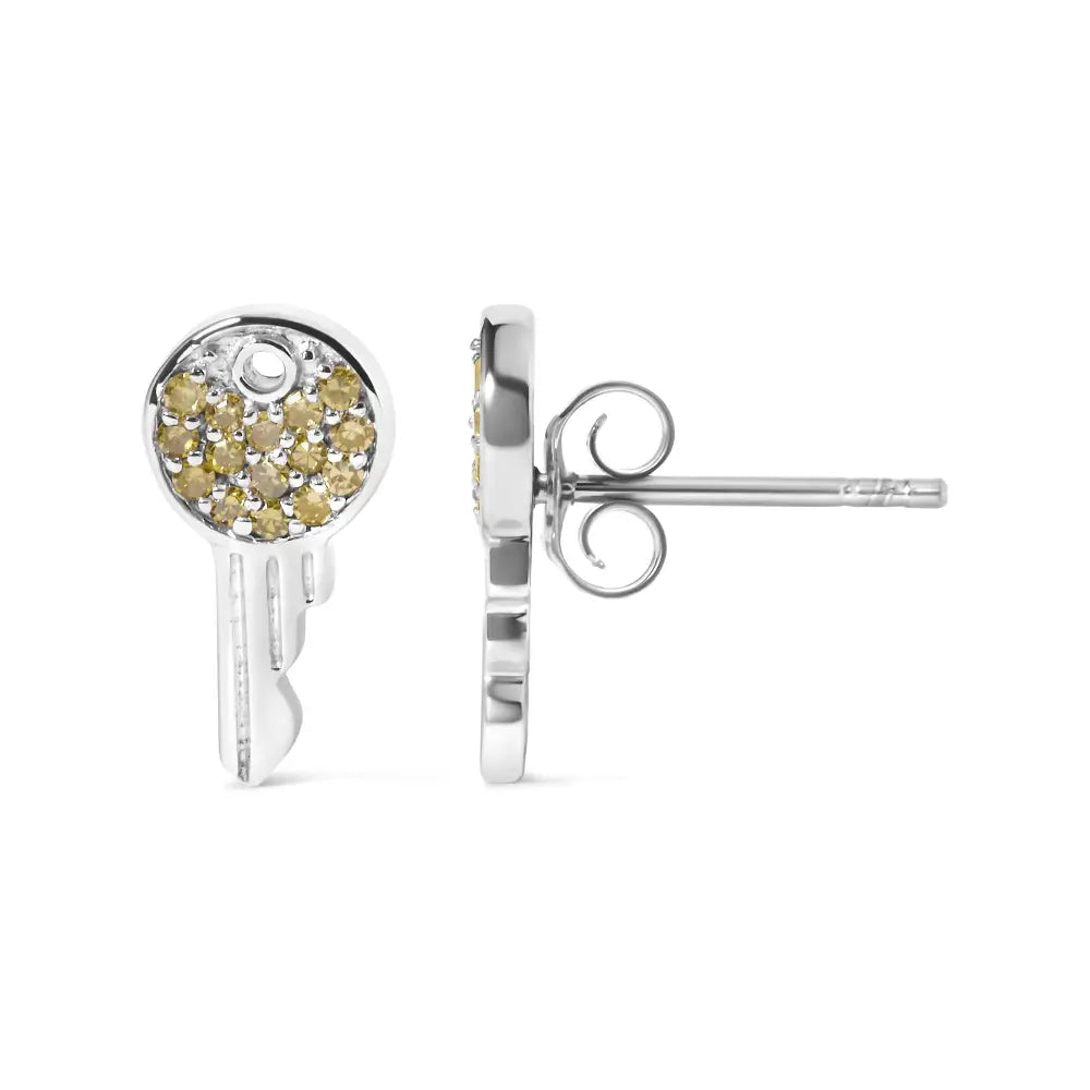 Treated yellow diamond key stud earrings in sterling silver 1/6 cttw bijoux-nyc direct