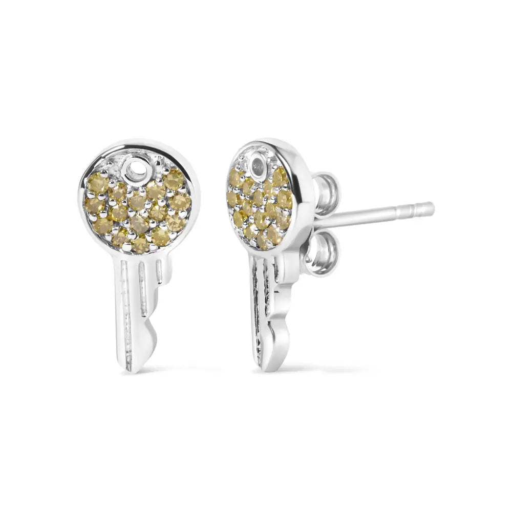Treated yellow diamond key stud earrings in sterling silver 1/6 cttw bijoux-nyc direct