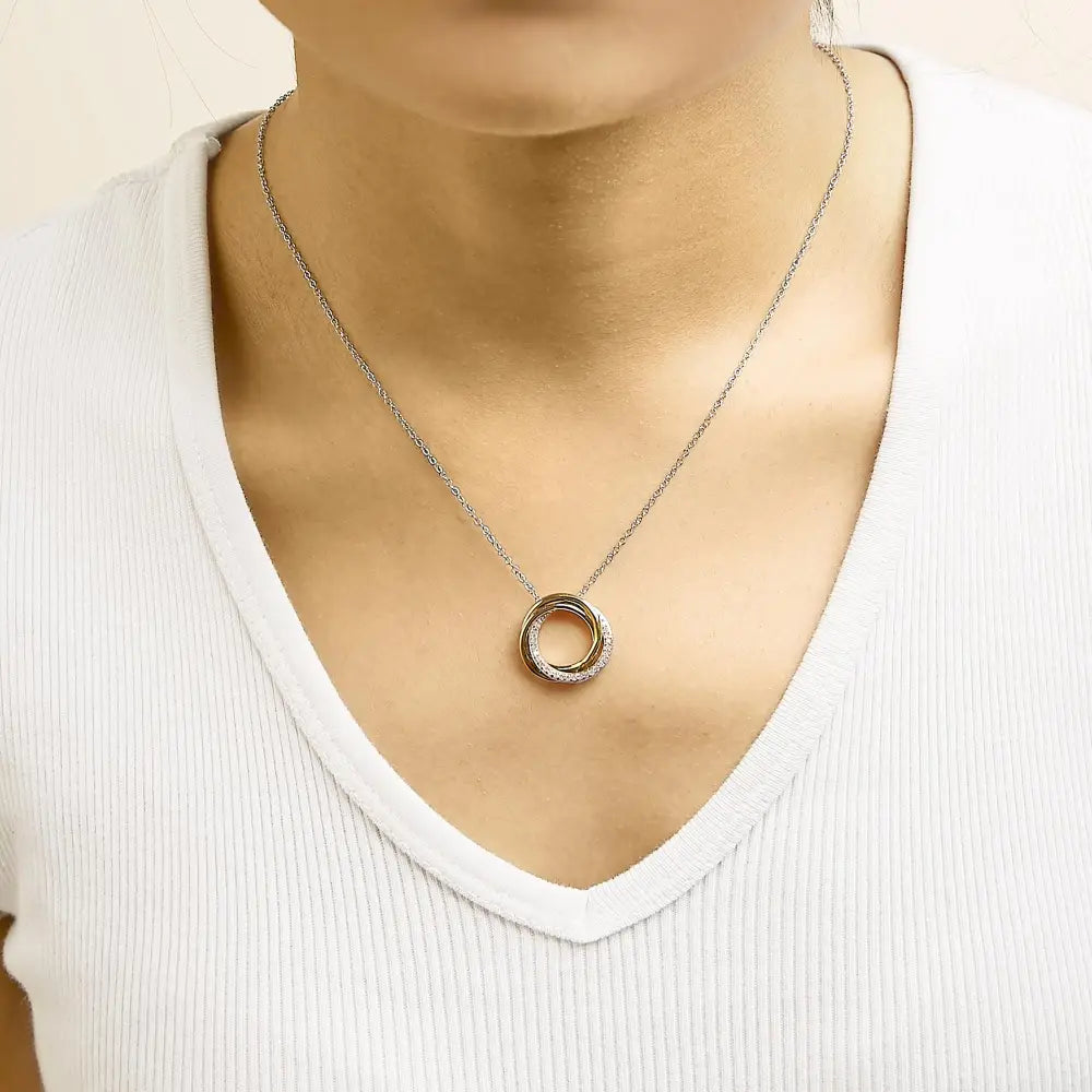 Tri-tone sterling silver 1/5 cttw diamond interlocking circle necklace bijoux-nyc direct